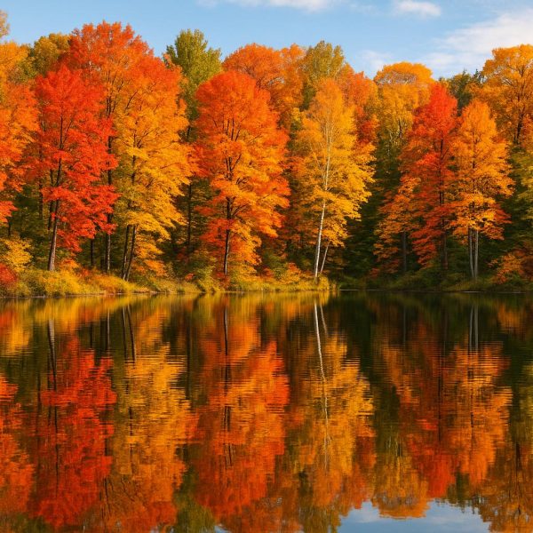 Autumn foliage reflections on lake waters