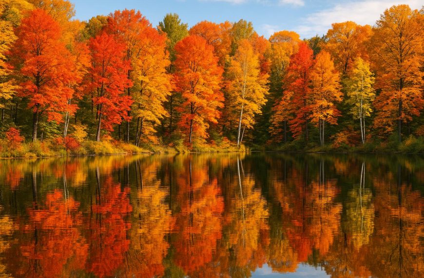 Autumn foliage reflections on lake waters