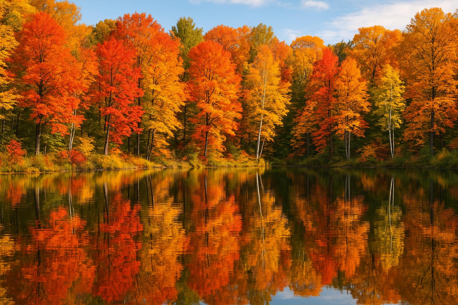 Autumn foliage reflections on lake waters