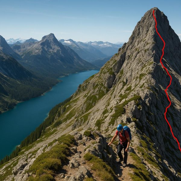Mountain climbing routes with lake views