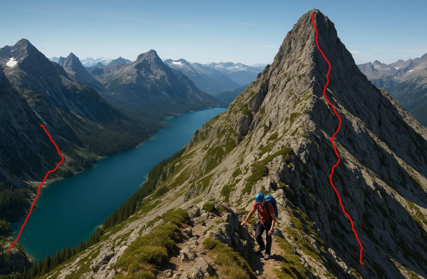 Mountain climbing routes with lake views