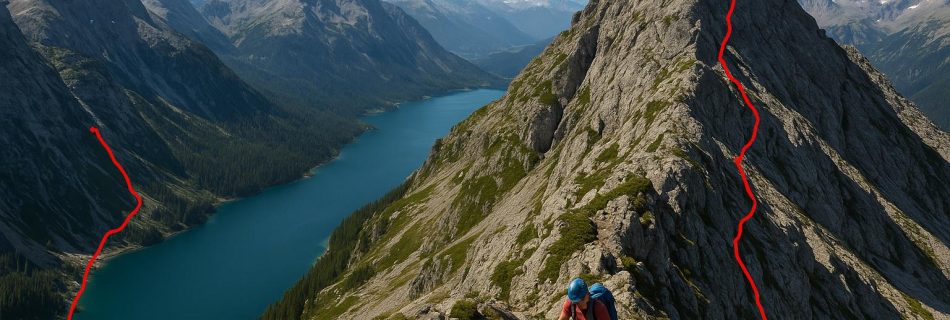 Mountain climbing routes with lake views