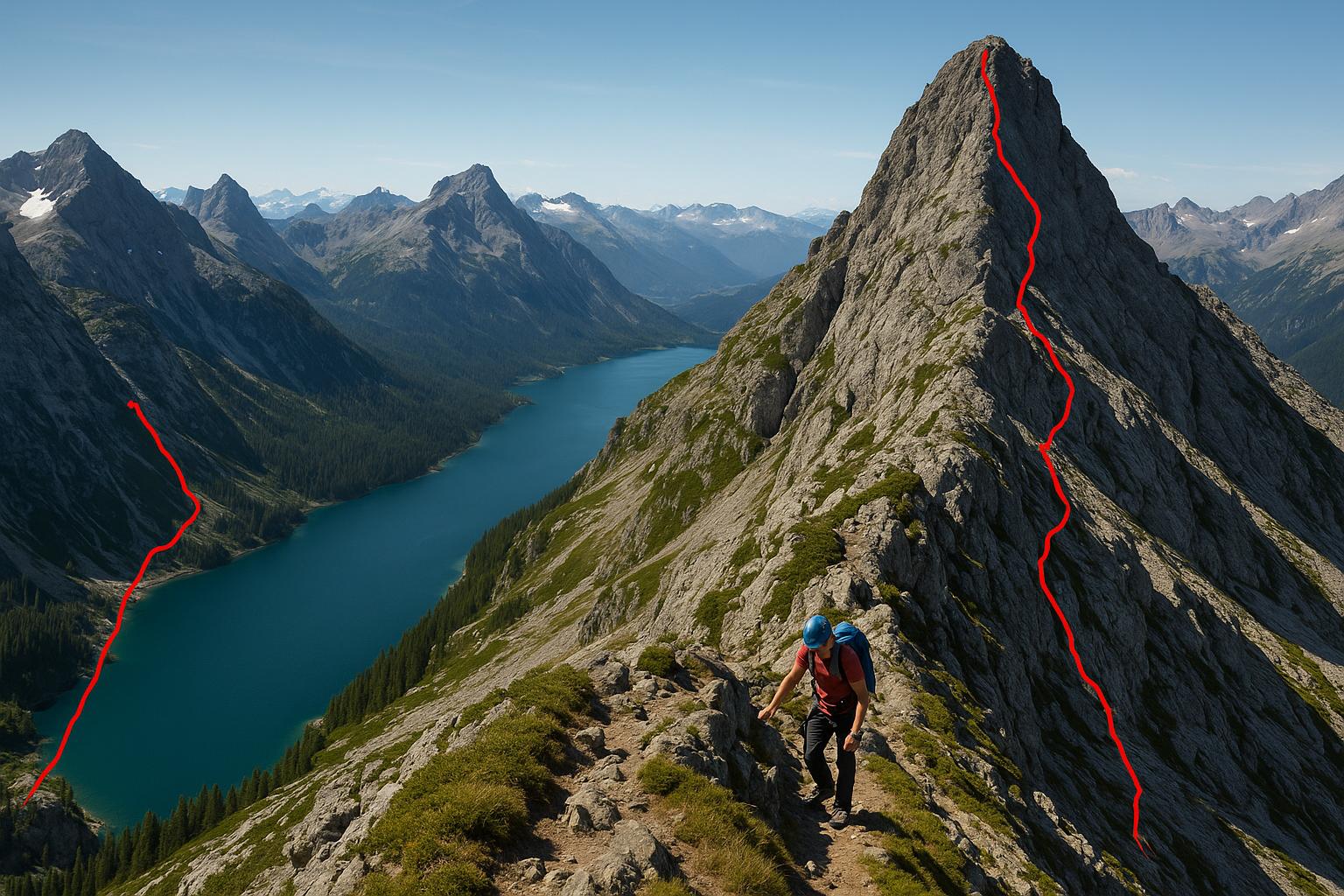 Mountain climbing routes with lake views